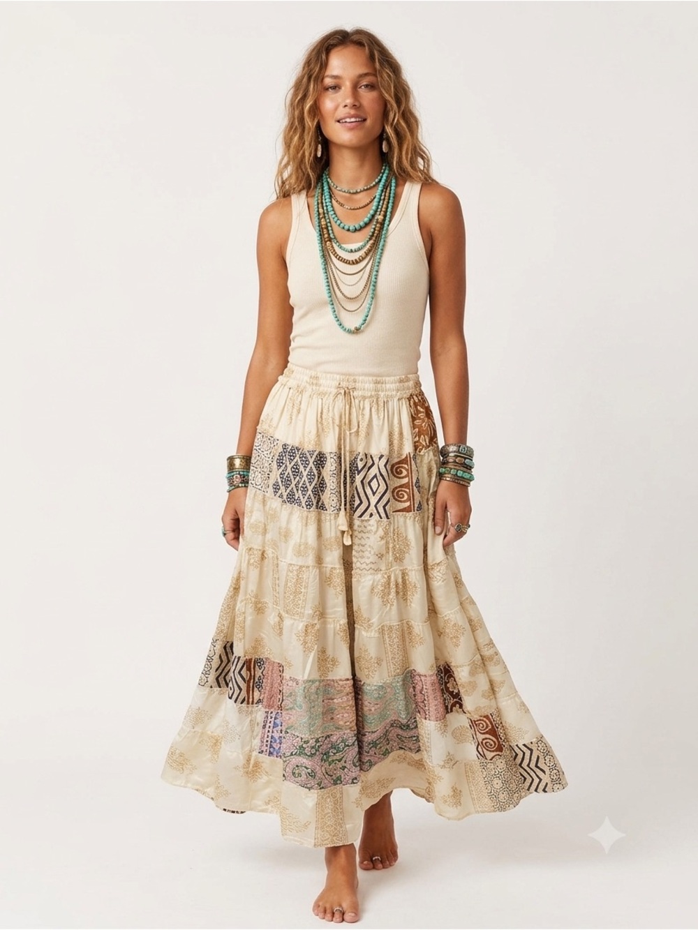 44. Boho Patchwork Sari Silk Maxi Skirt Festival Hippie Gypsy One Size India